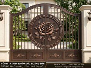 Cổng 2 cánh có bông hồng trong khung tròn viền chỉ, sơn nâu nhũ đồng