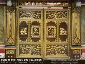 Mẫu cổng nhôm đúc 2 cánh, chữ Phúc, Lộc, tượng kỳ lân