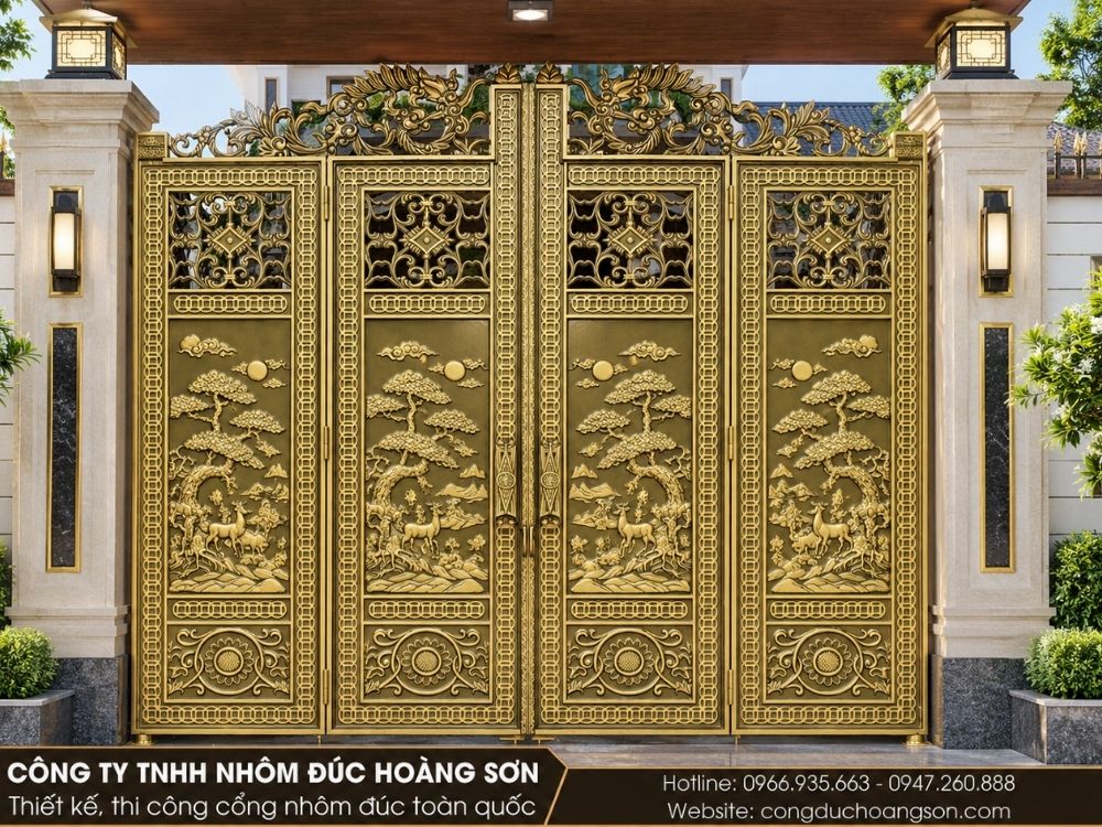 Mẫu cổng nhôm đúc 4 cánh họa tiết tùng cổ thụ cho nhà vườn Mẫu cổng nhôm đúc 4 cánh họa tiết tùng cổ thụ cho nhà vườn
