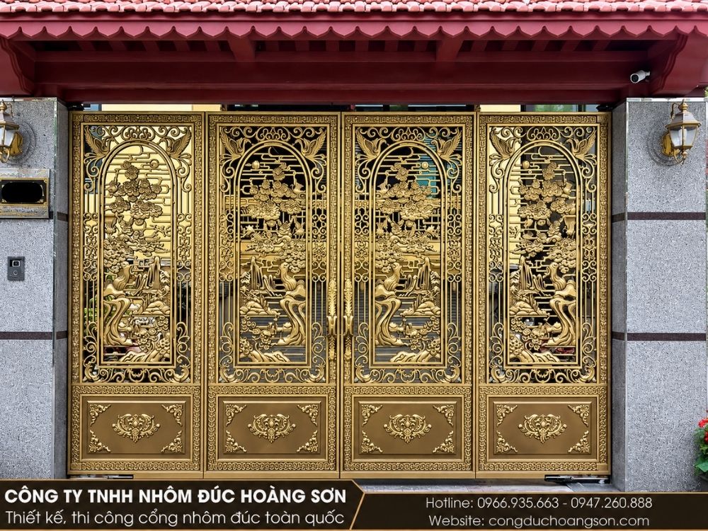 Mẫu cổng nhôm đúc cây tùng 4 cánh đẹp Mẫu cổng nhôm đúc cây tùng 4 cánh đẹp