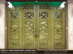 Mẫu cổng nhôm đúc hoa sen 2 cánh đúc kín, bông sen nở ở tâm cánh