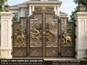 Cổng nhôm đúc tứ linh 4 cánh cho dinh thự, biệt thự cổ điển