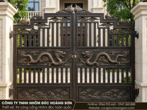Mẫu cổng song long cách điệu dải giữa phối nan thẳng
