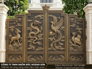 Mẫu 12: Cổng tứ linh 4 cánh, Long Phụng ở giữa, Lân Quy ở hai bên