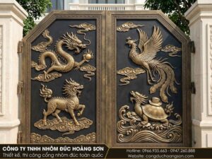 Mẫu 1: Cổng tứ linh mặt kín bố cục đối xứng