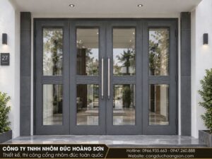 Mẫu cửa khung trơn có một dải phù điêu ngang, kính trong, sơn ghi xám: hợp với biệt thự hiện đại